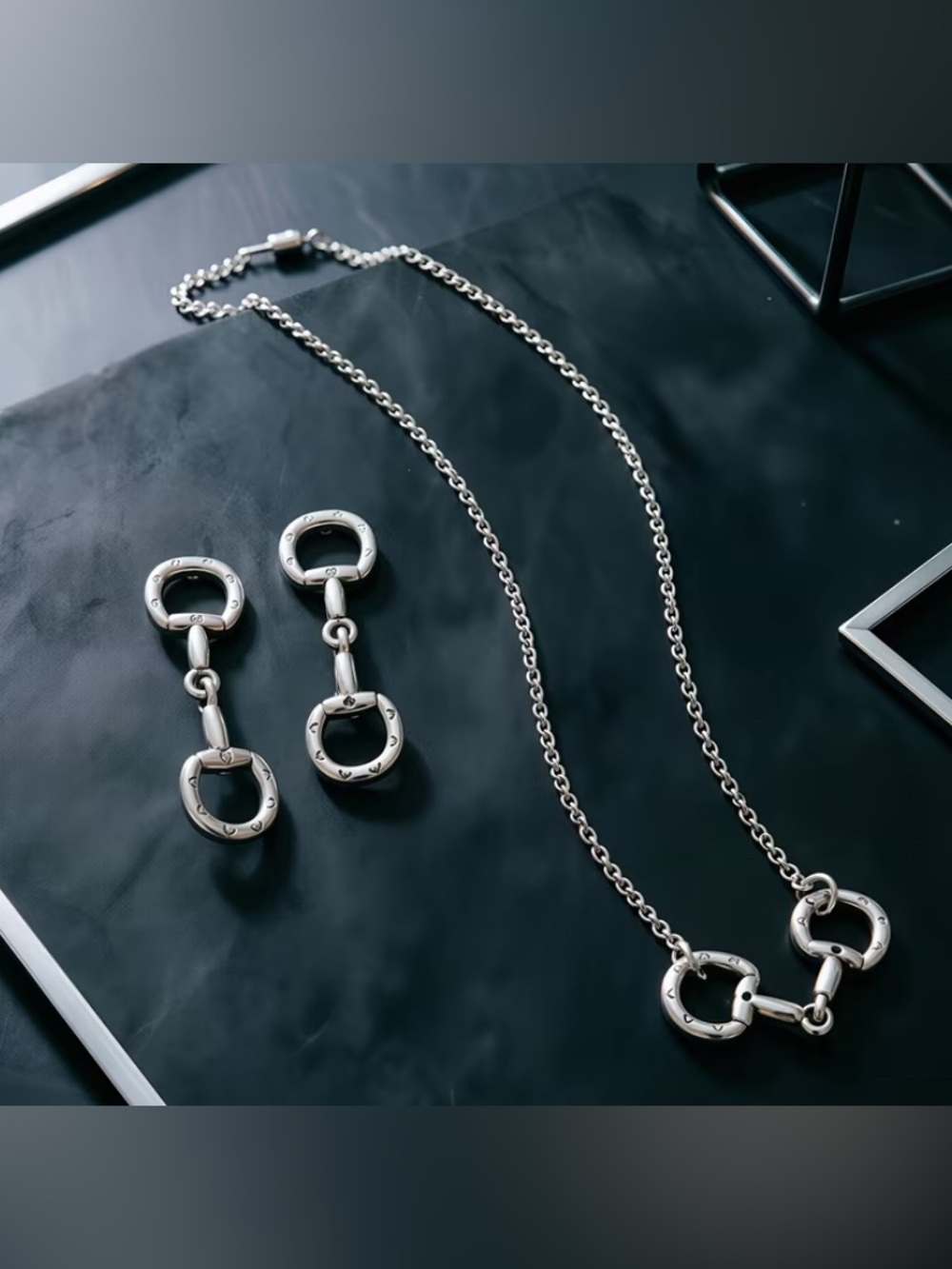 Equestrian Silver Tone Horse Bit Necklace & Earrings Set